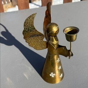 Primitive Mexican Brass Angel Figurine with Candle Holder stamped